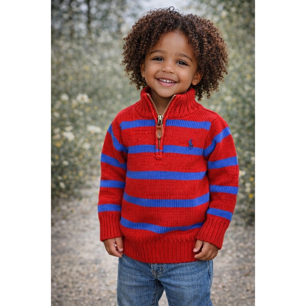 Polo Ralph Lauren Sweater Kids 4/4T Red Blue Striped Quarter Zip Cotton‎ Preppy